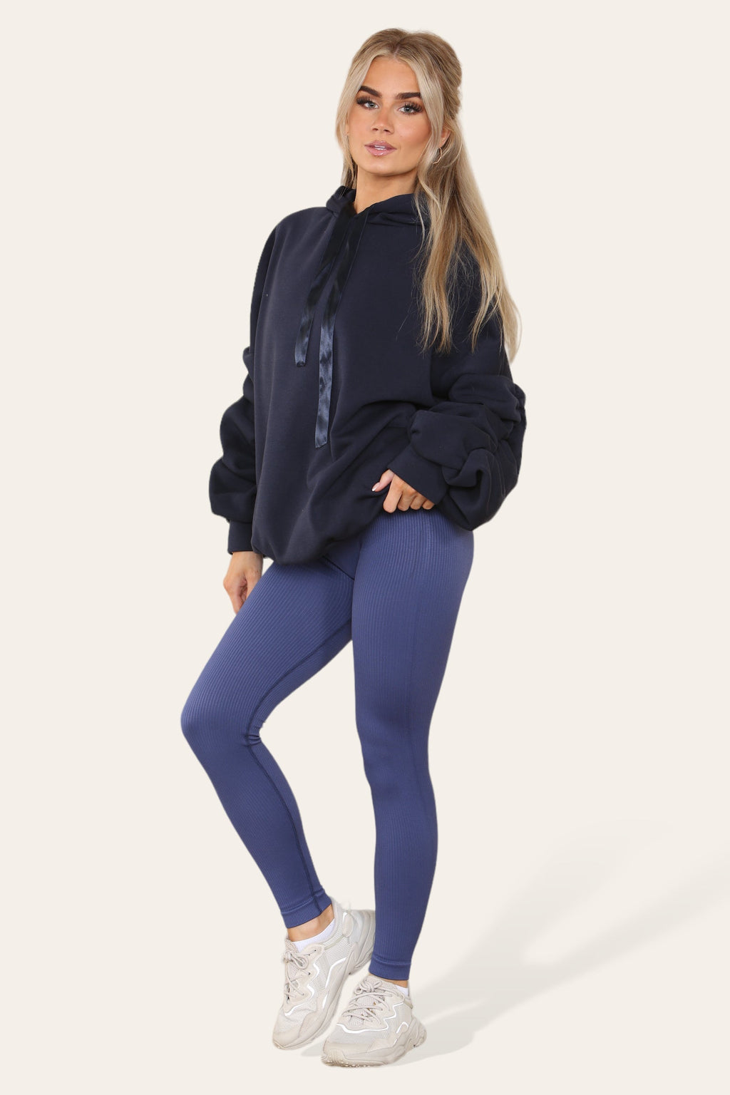 Oversized Ruched Sleeves Hoodie With Satin Ribbon with High Waist High Rise Seamless Ribbed Legging Set