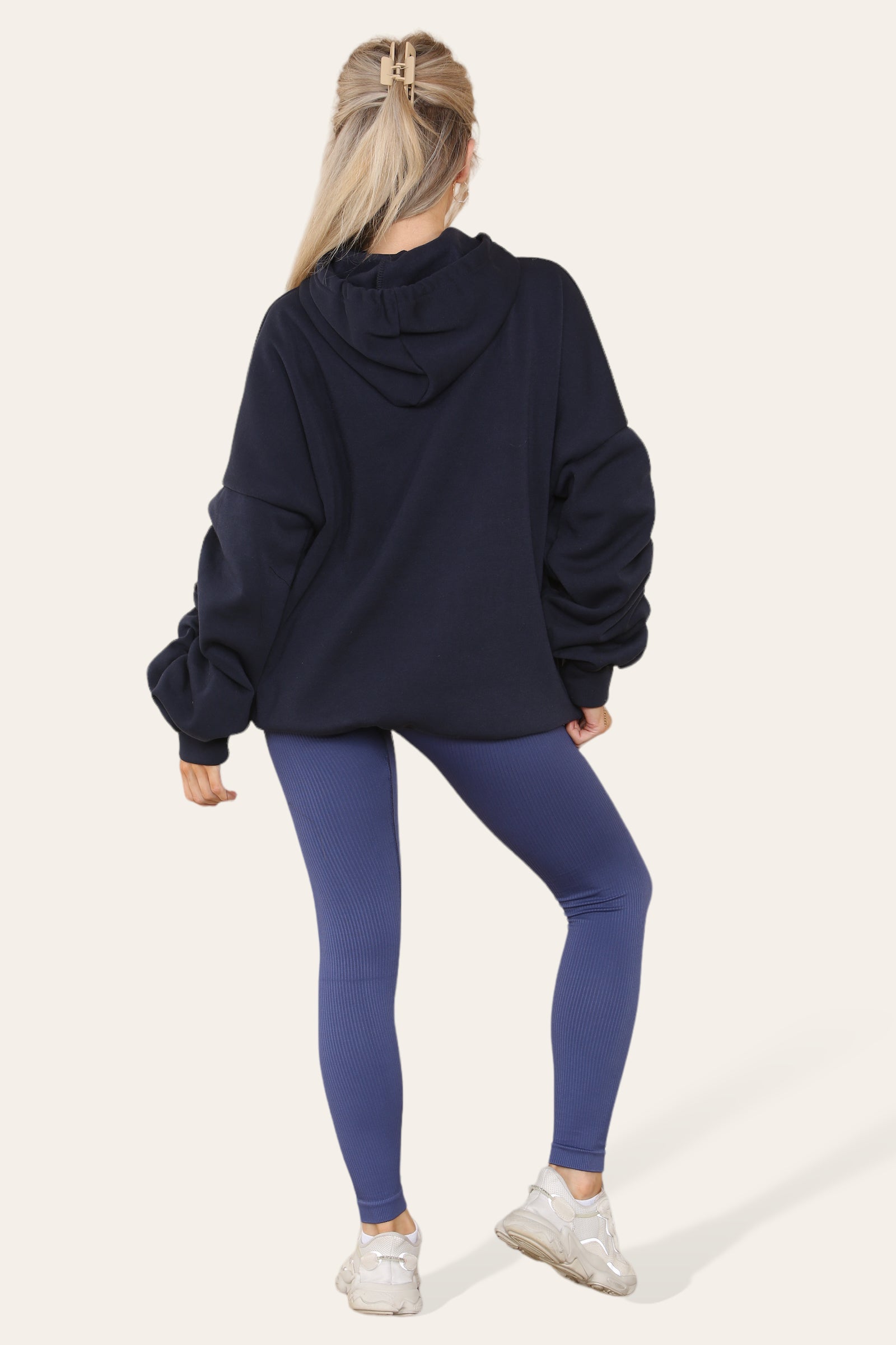 Oversized Ruched Sleeves Hoodie With Satin Ribbon with High Waist High Rise Seamless Ribbed Legging Set