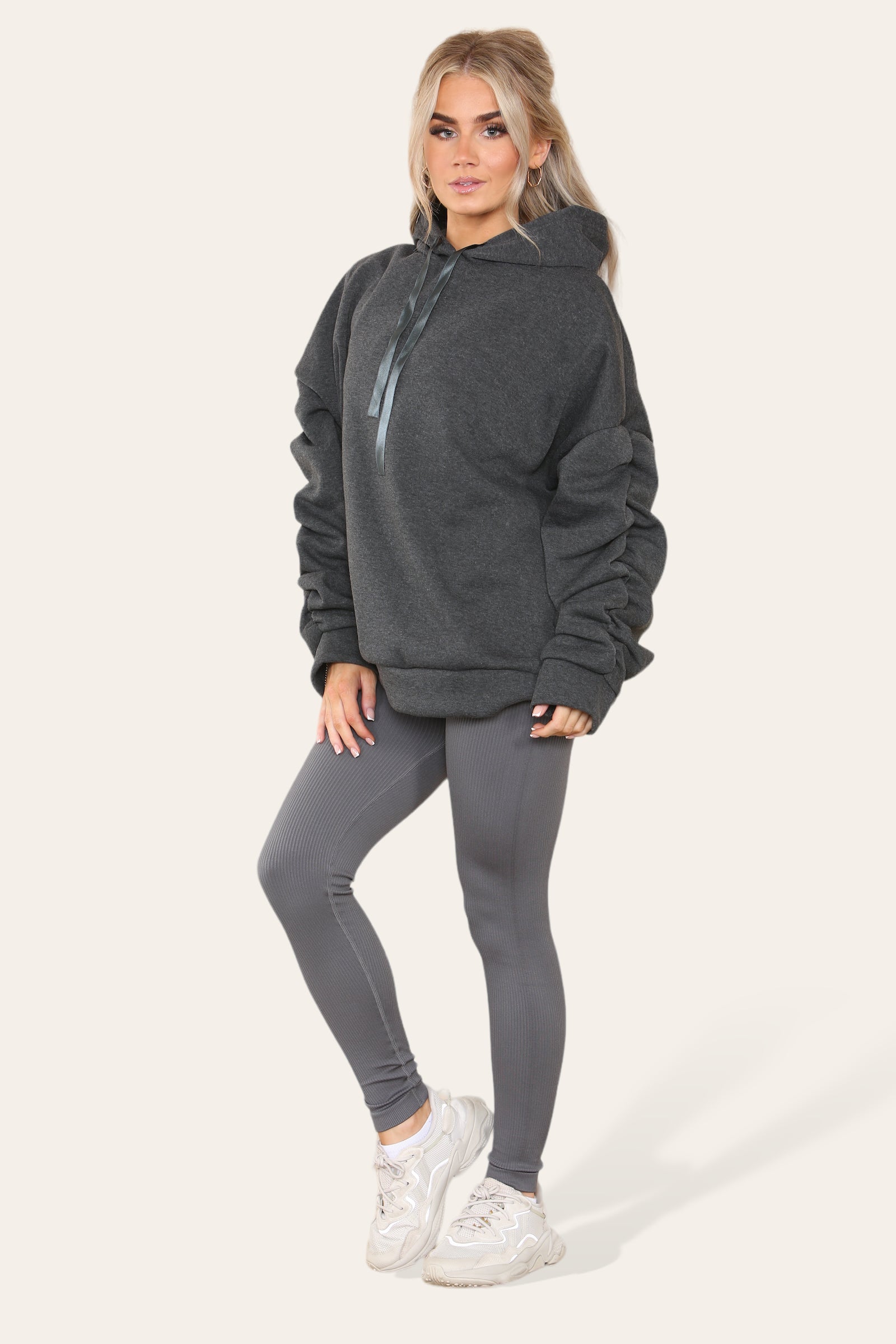 Oversized Ruched Sleeves Hoodie With Satin Ribbon