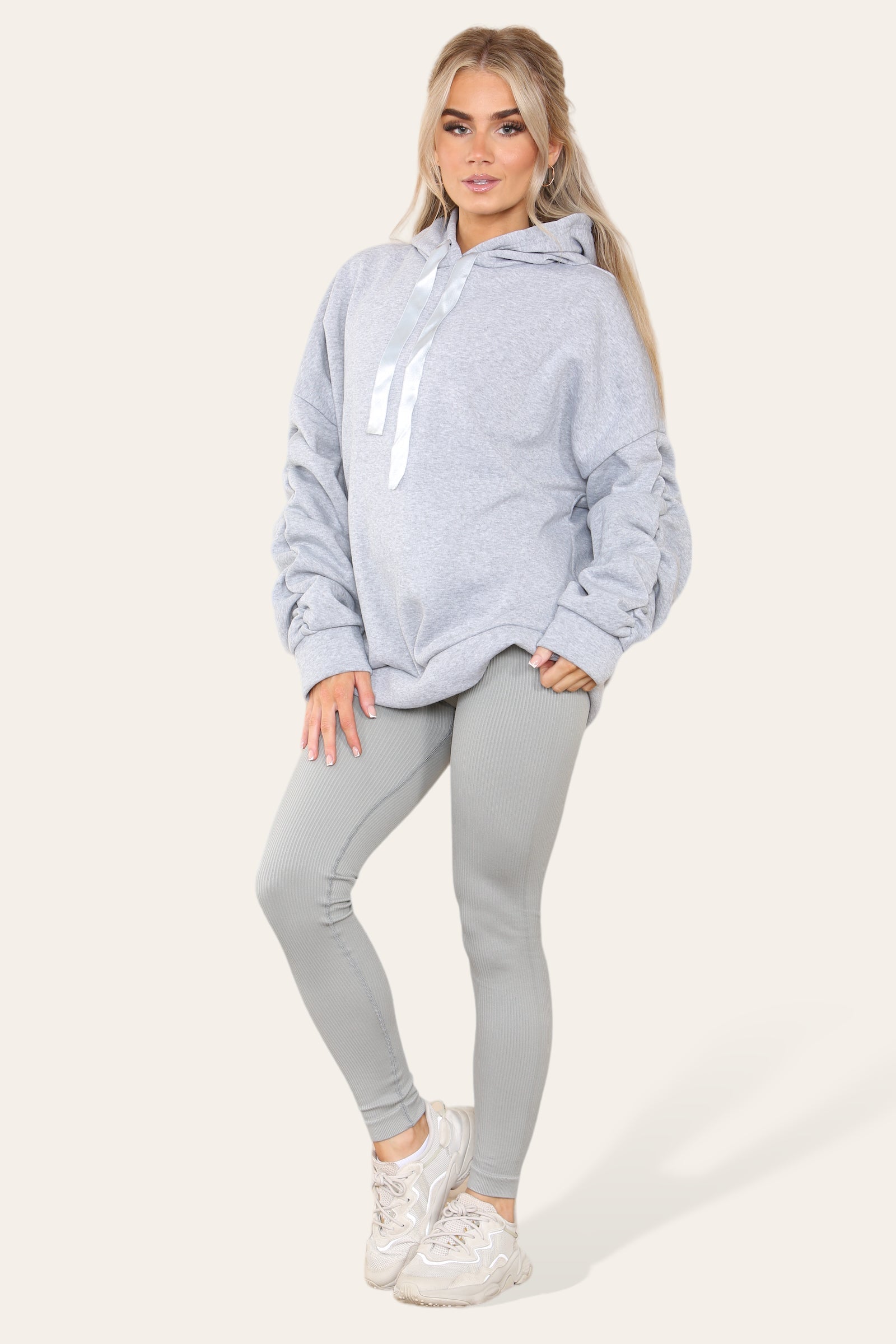 Oversized Ruched Sleeves Hoodie With Satin Ribbon with High Waist High Rise Seamless Ribbed Legging Set