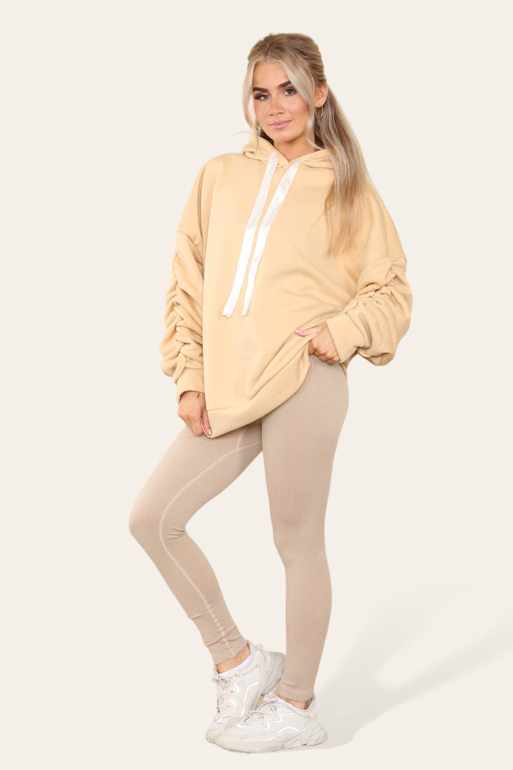 Oversized Ruched Sleeves Hoodie With Satin Ribbon with High Waist High Rise Seamless Ribbed Legging Set