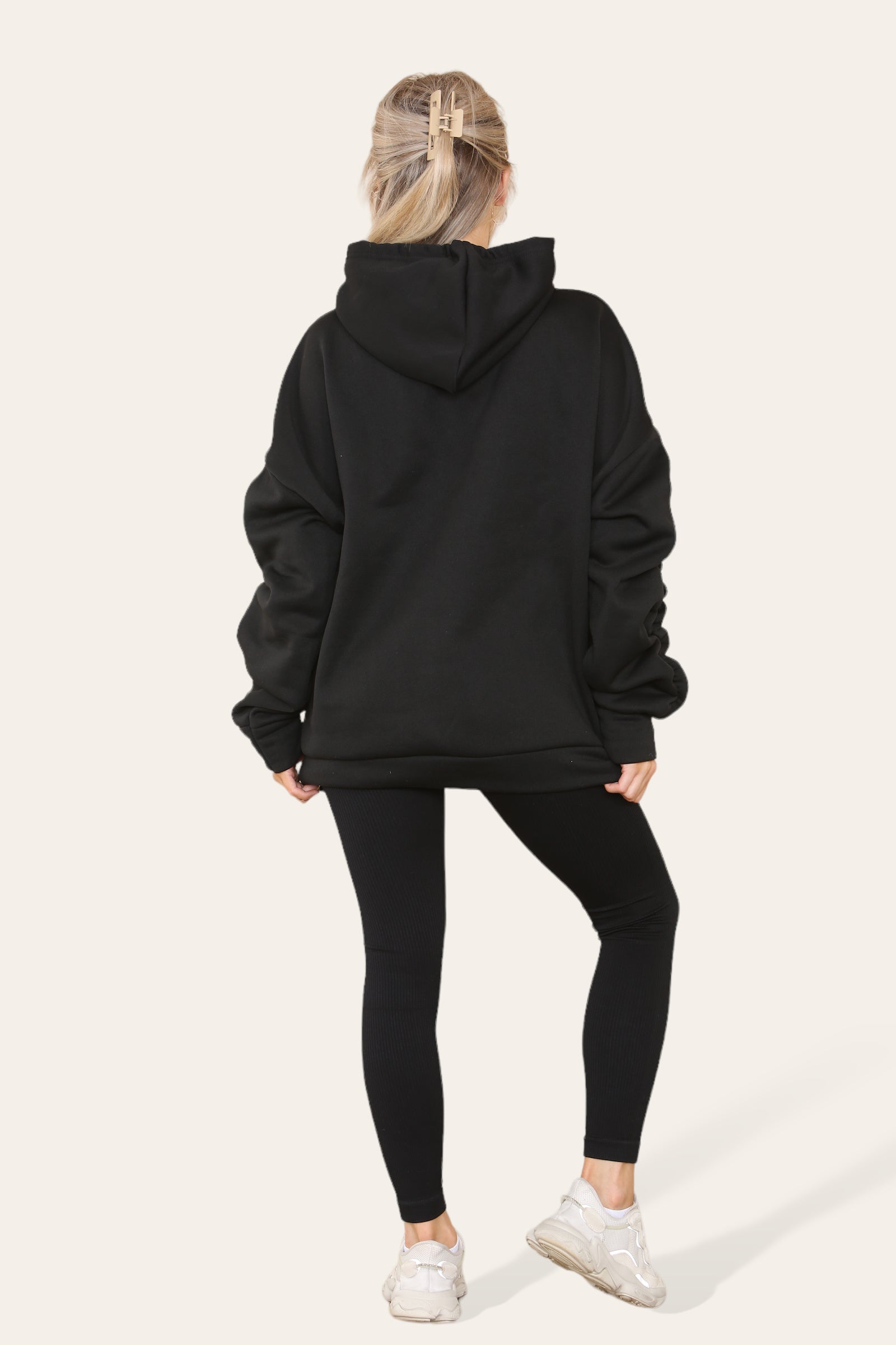 Oversized Ruched Sleeves Hoodie With Satin Ribbon with High Waist High Rise Seamless Ribbed Legging Set