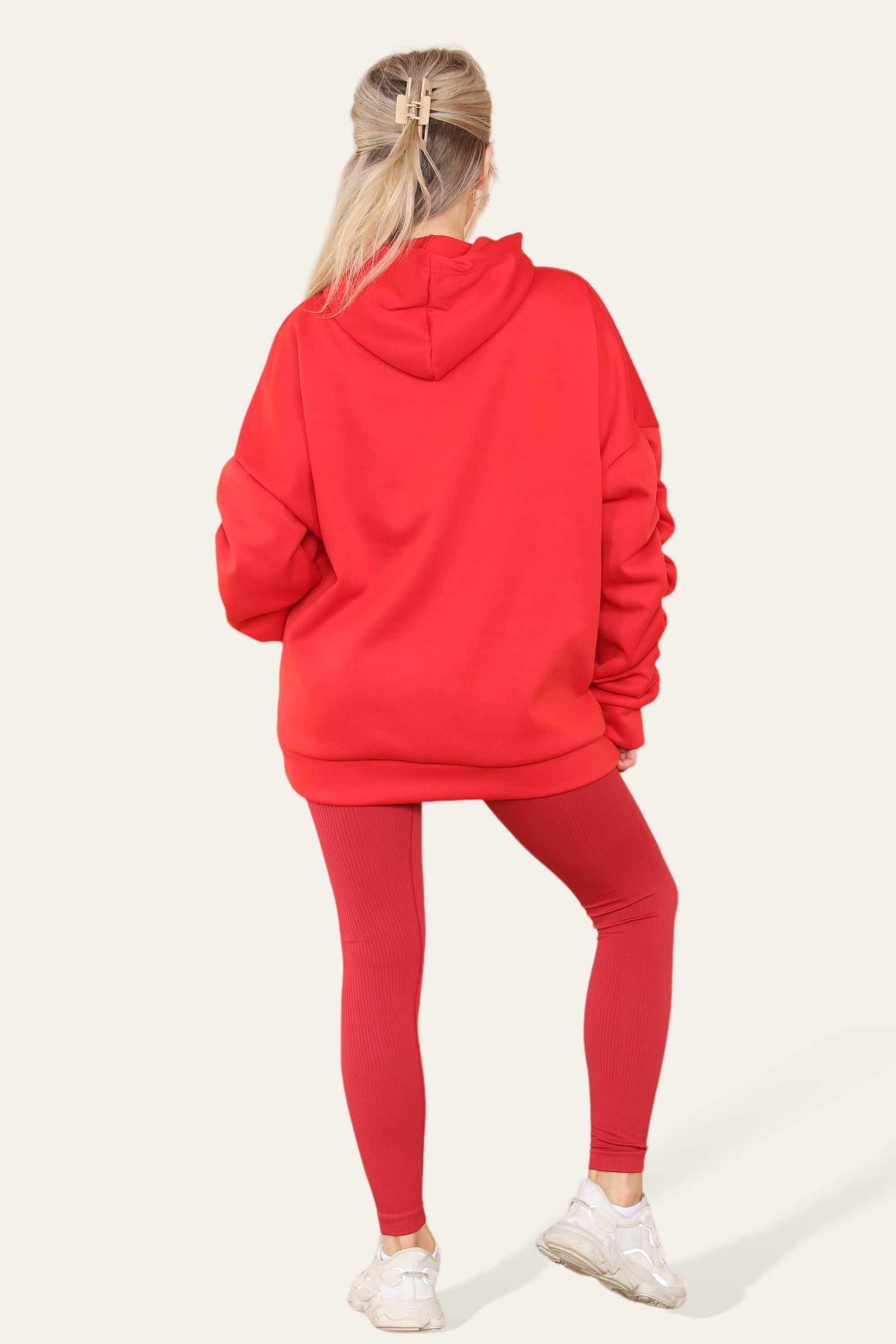 Oversized Ruched Sleeves Hoodie With Satin Ribbon with High Waist High Rise Seamless Ribbed Legging Set