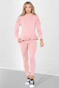 Puff Sleeves Set Frill Hem Peplum Ribbed Lounge Wear Suit