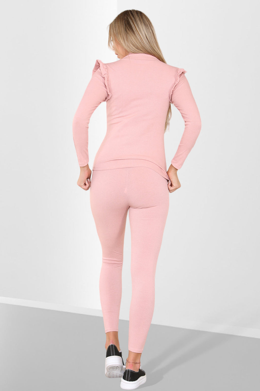 Side Buttons Frill Shoulder Side Neck Gold Button Detail Two Piece Loungewear Set