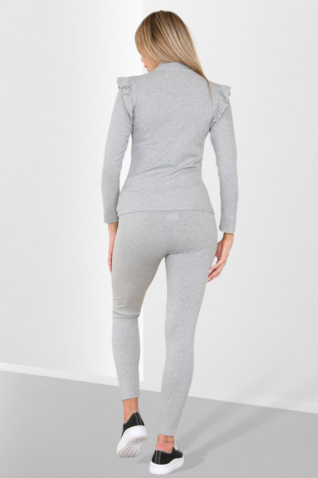 Side Buttons Frill Shoulder Side Neck Gold Button Detail Two Piece Loungewear Set