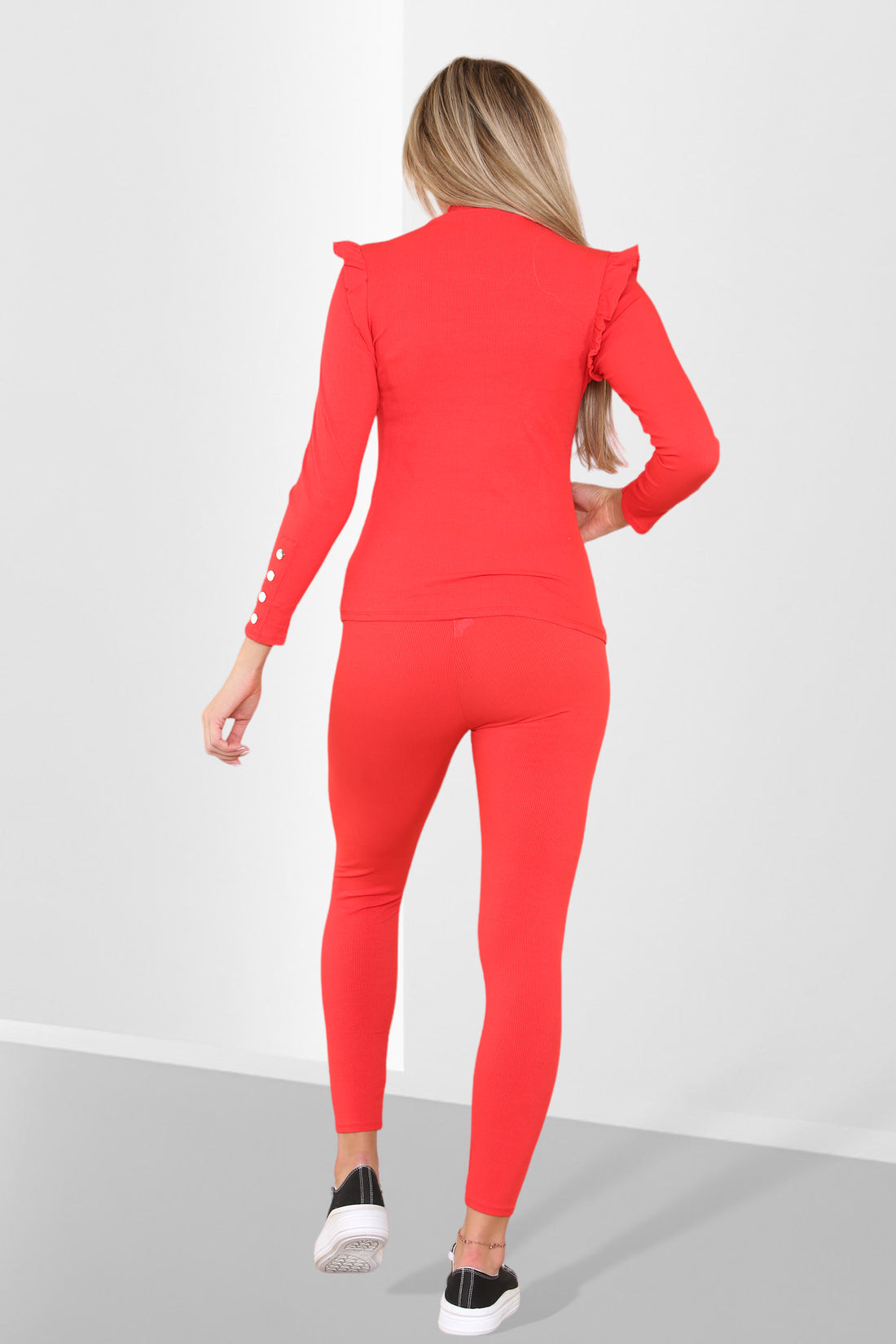 Side Buttons Frill Shoulder Side Neck Gold Button Detail Two Piece Loungewear Set