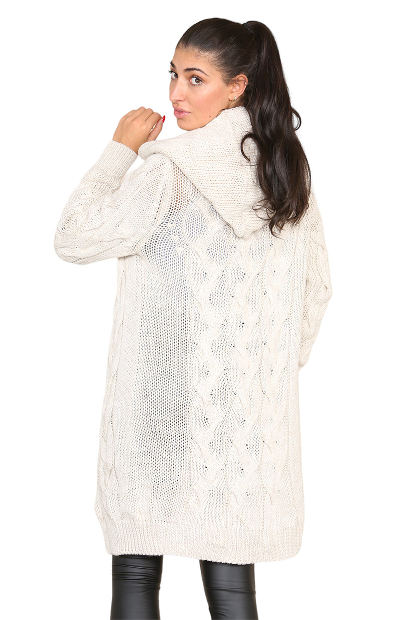 Knitted Cables Hooded Long Over Sized Cardigan