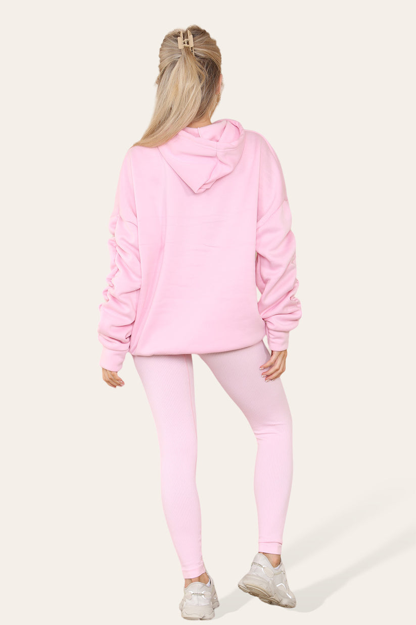 Plus Size Ruched Sleeves Hoodie With Satin Ribbon