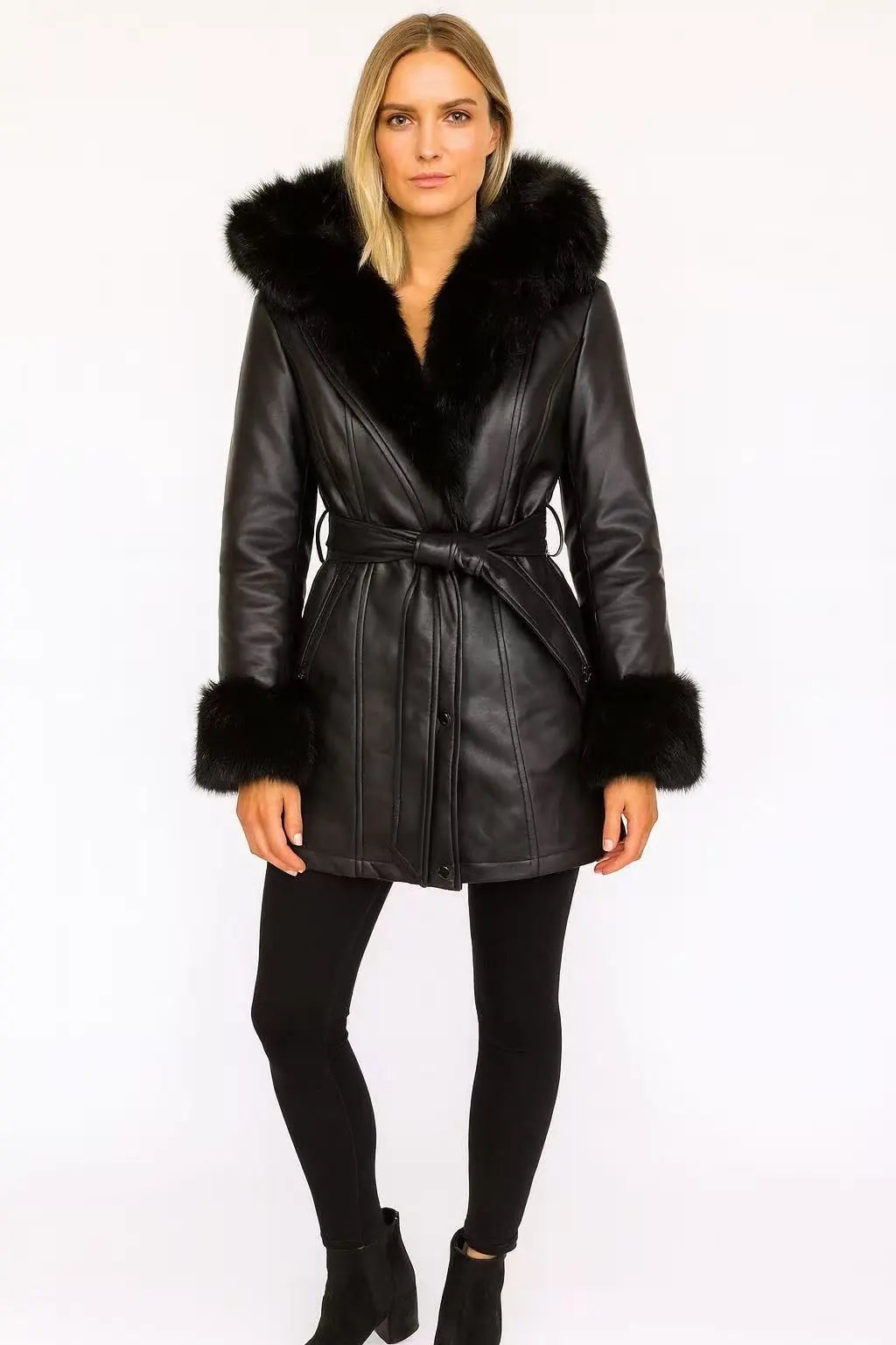 ALYSSA – Long faux leather coat with faux fur-trimmed hood