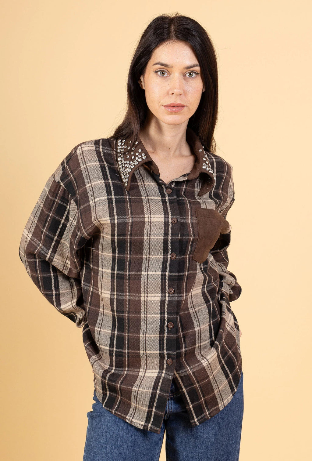 ARLENE - Oversized plaid shirt with rhinestone collar