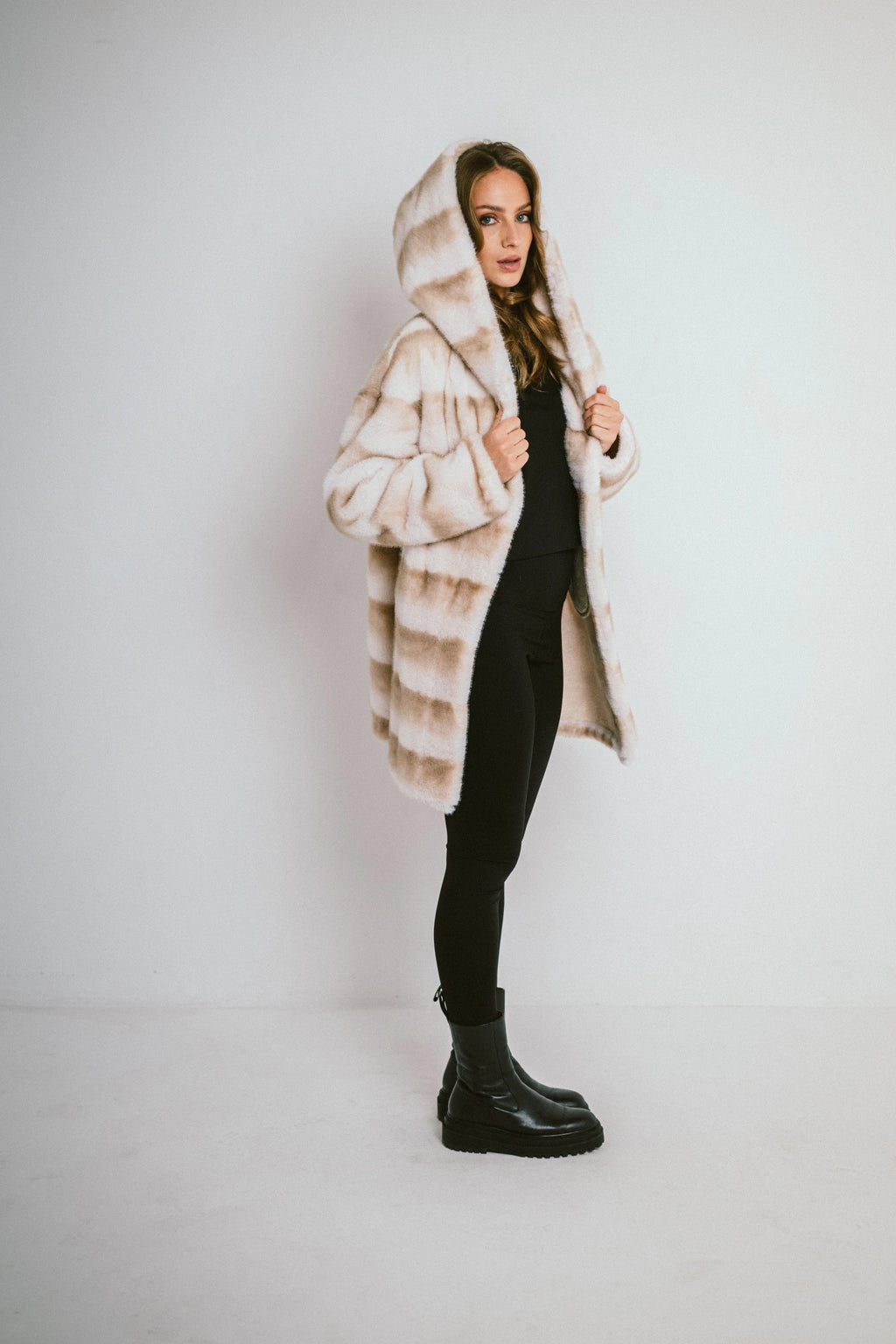 ASTORIA – Long hooded coat in striped faux fur