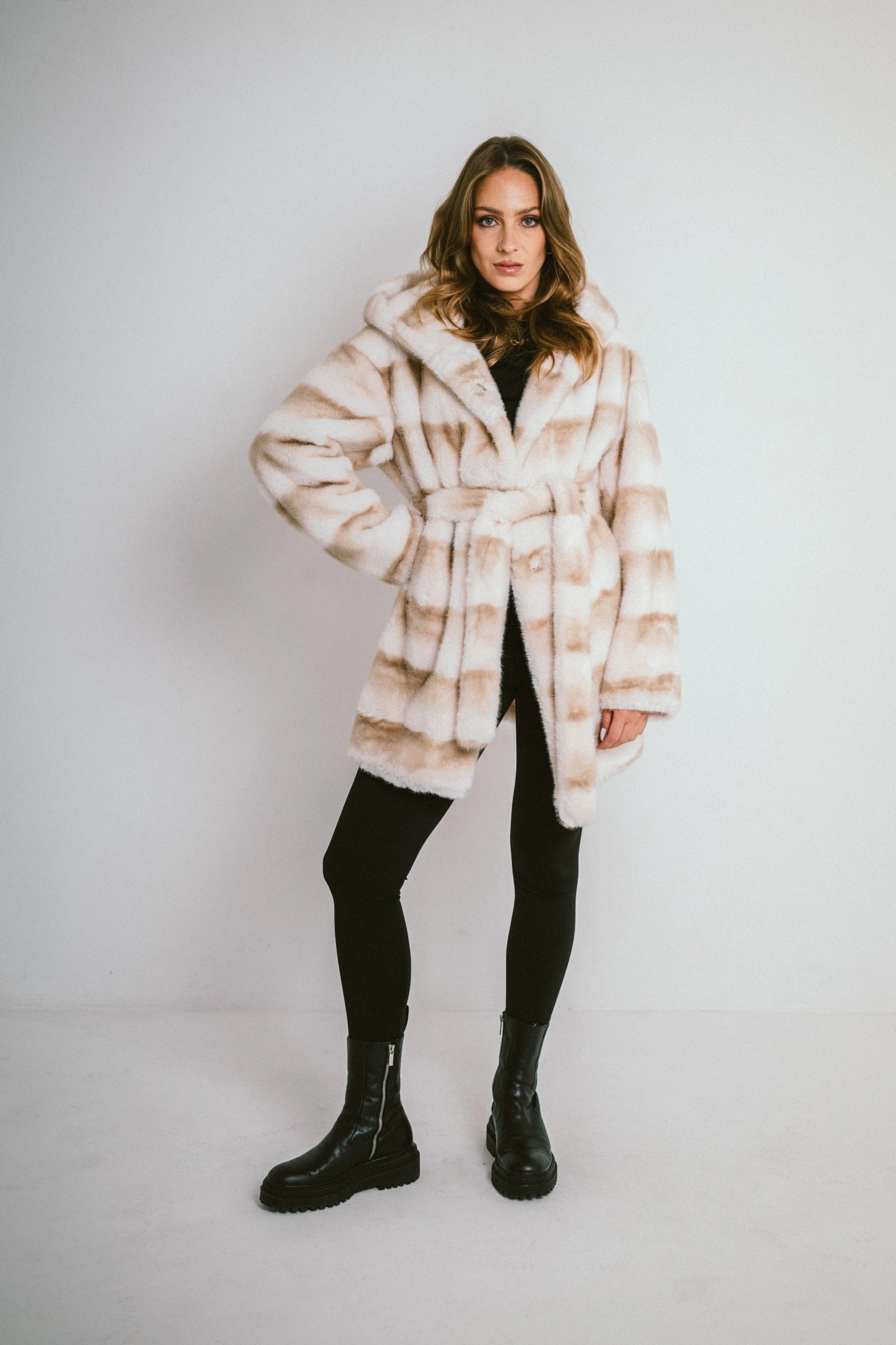 ASTORIA – Long hooded coat in striped faux fur