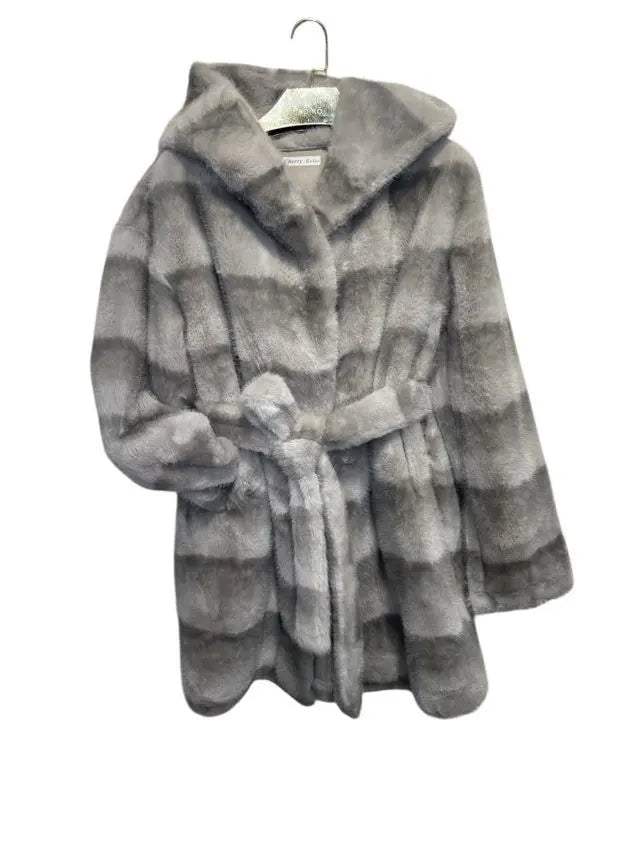 ASTORIA – Long hooded coat in striped faux fur