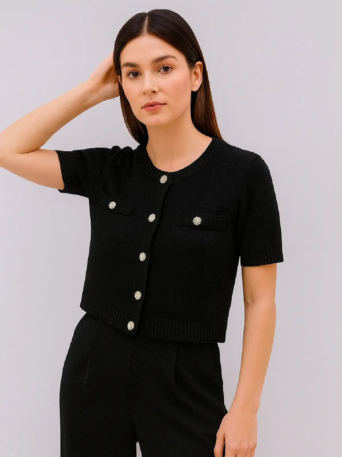 Ladies Short Sleeve Button Cardigan