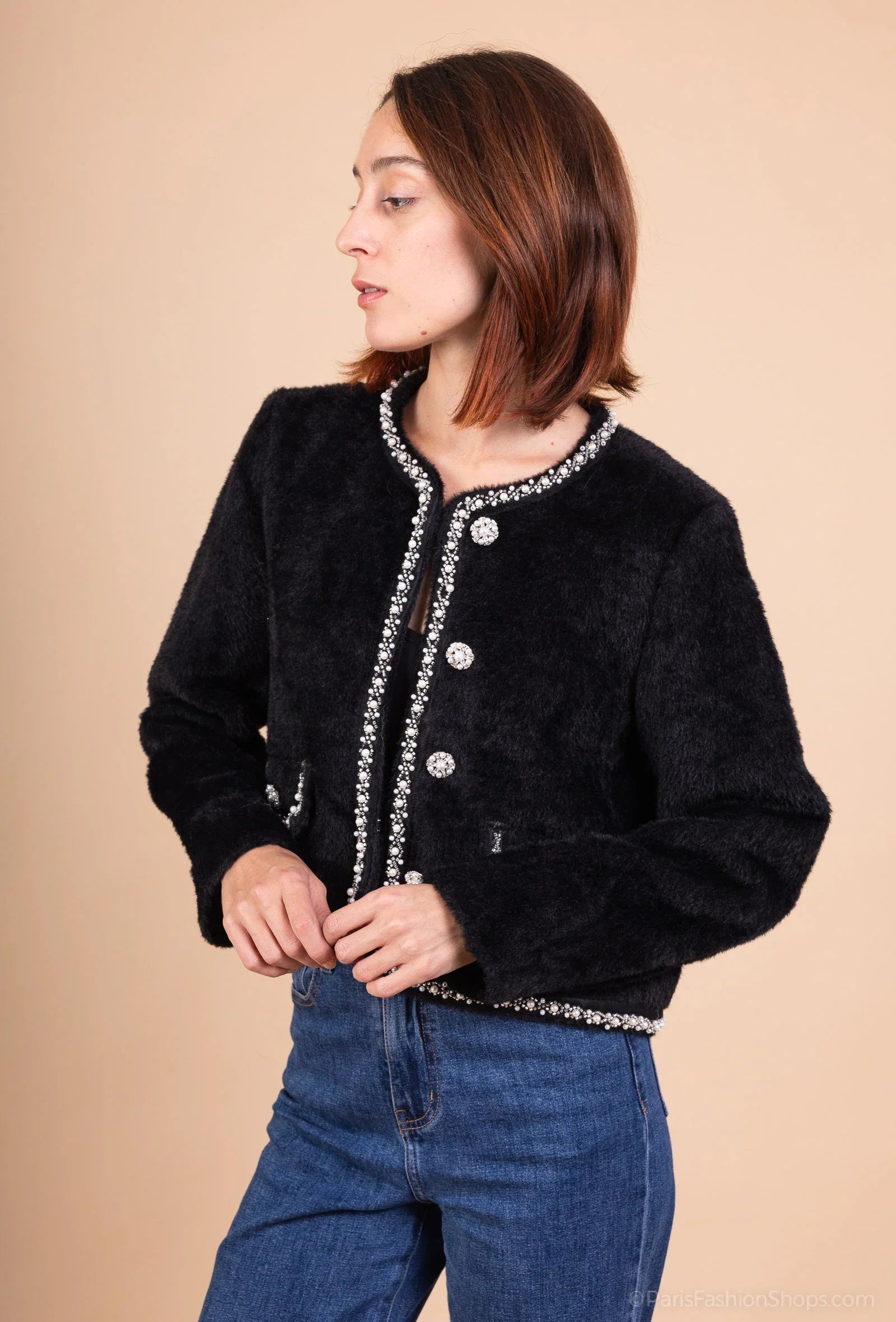 CELESTE – Elegant short jacket with pearls and jewel buttons