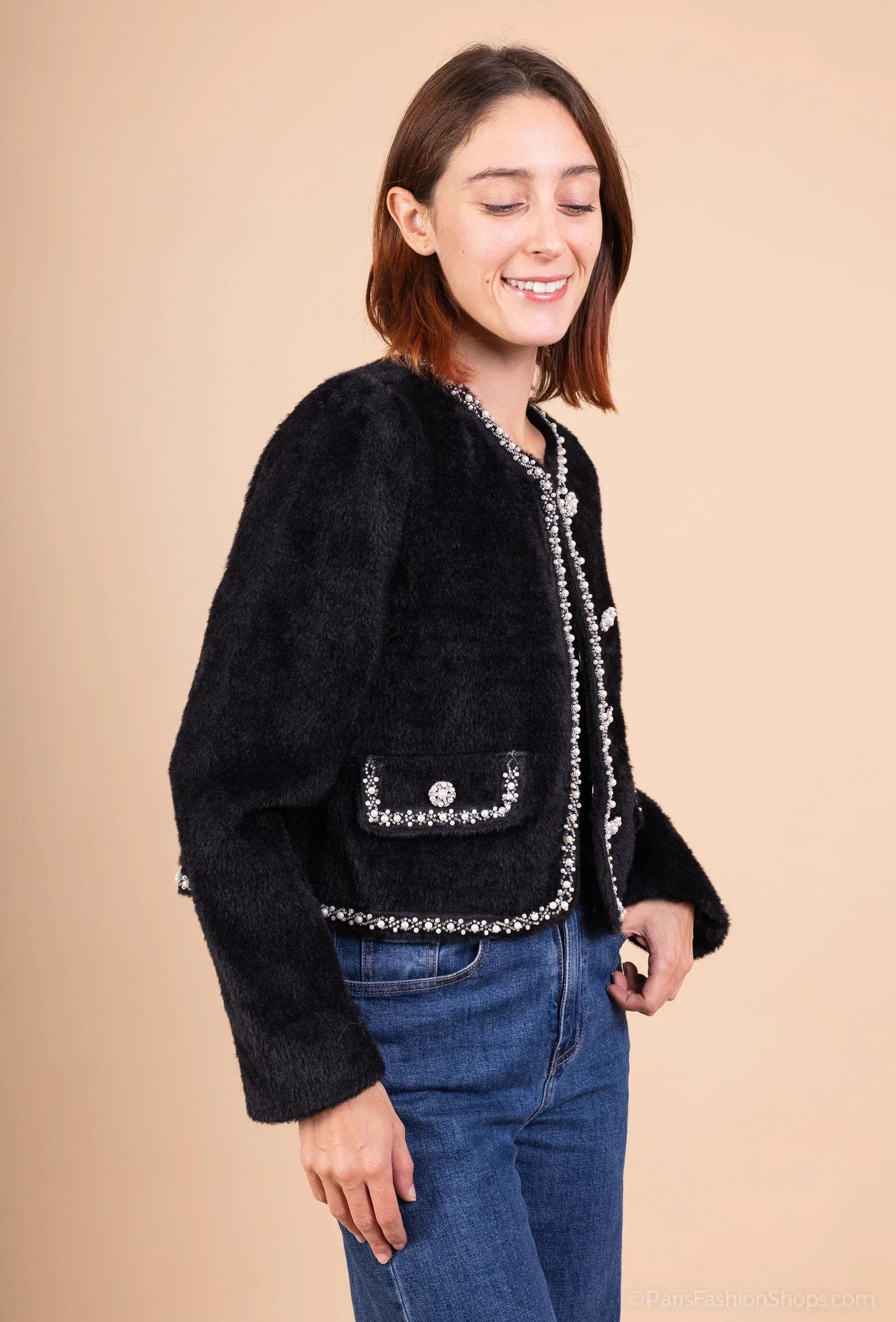 CELESTE – Elegant short jacket with pearls and jewel buttons