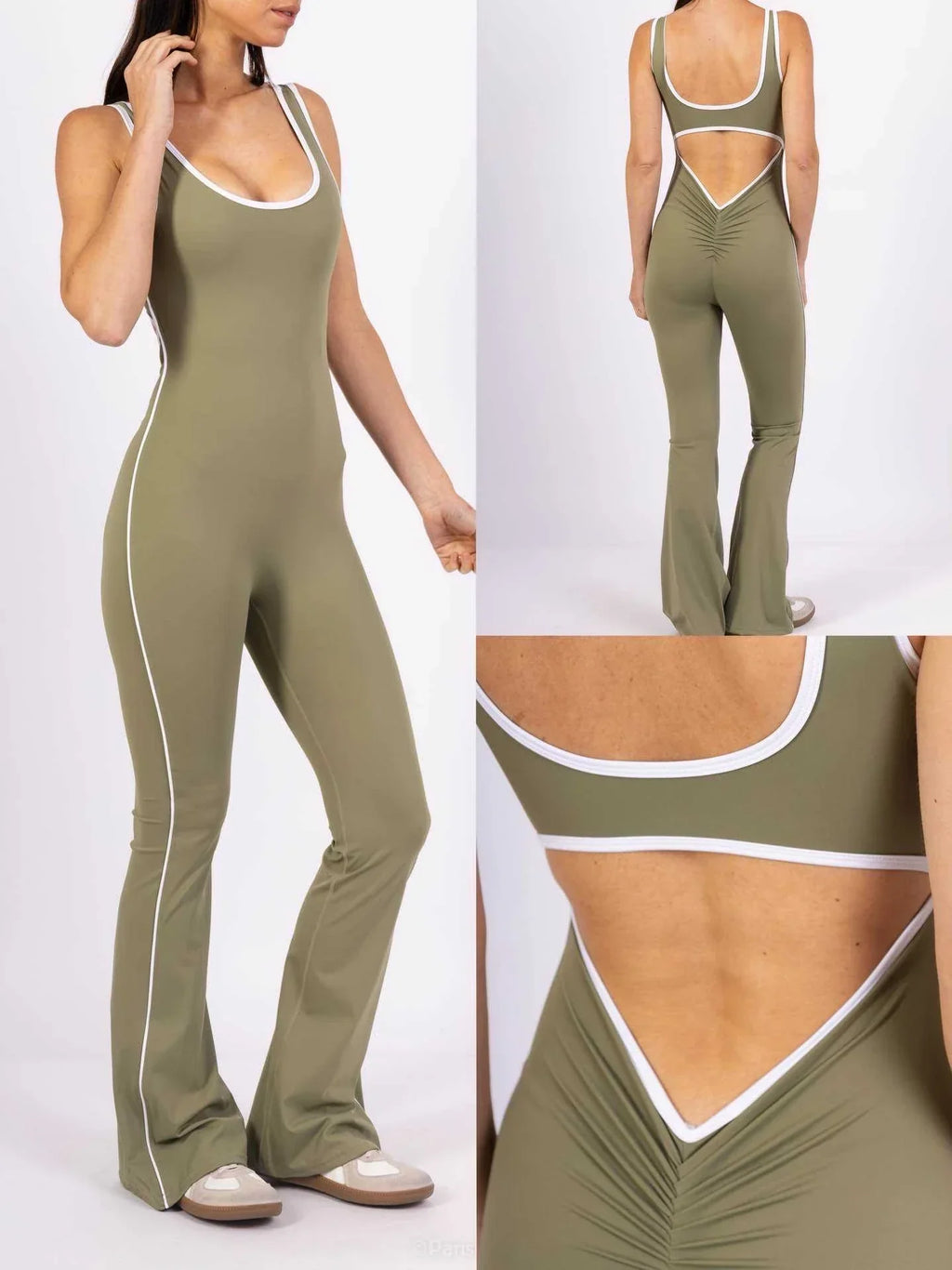 Flared Open Back Jumpsuit with Push-up Butt – Contrast Details