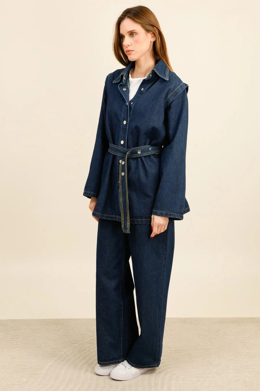 DENVER – Denim set with belted shirt and wide-leg pants