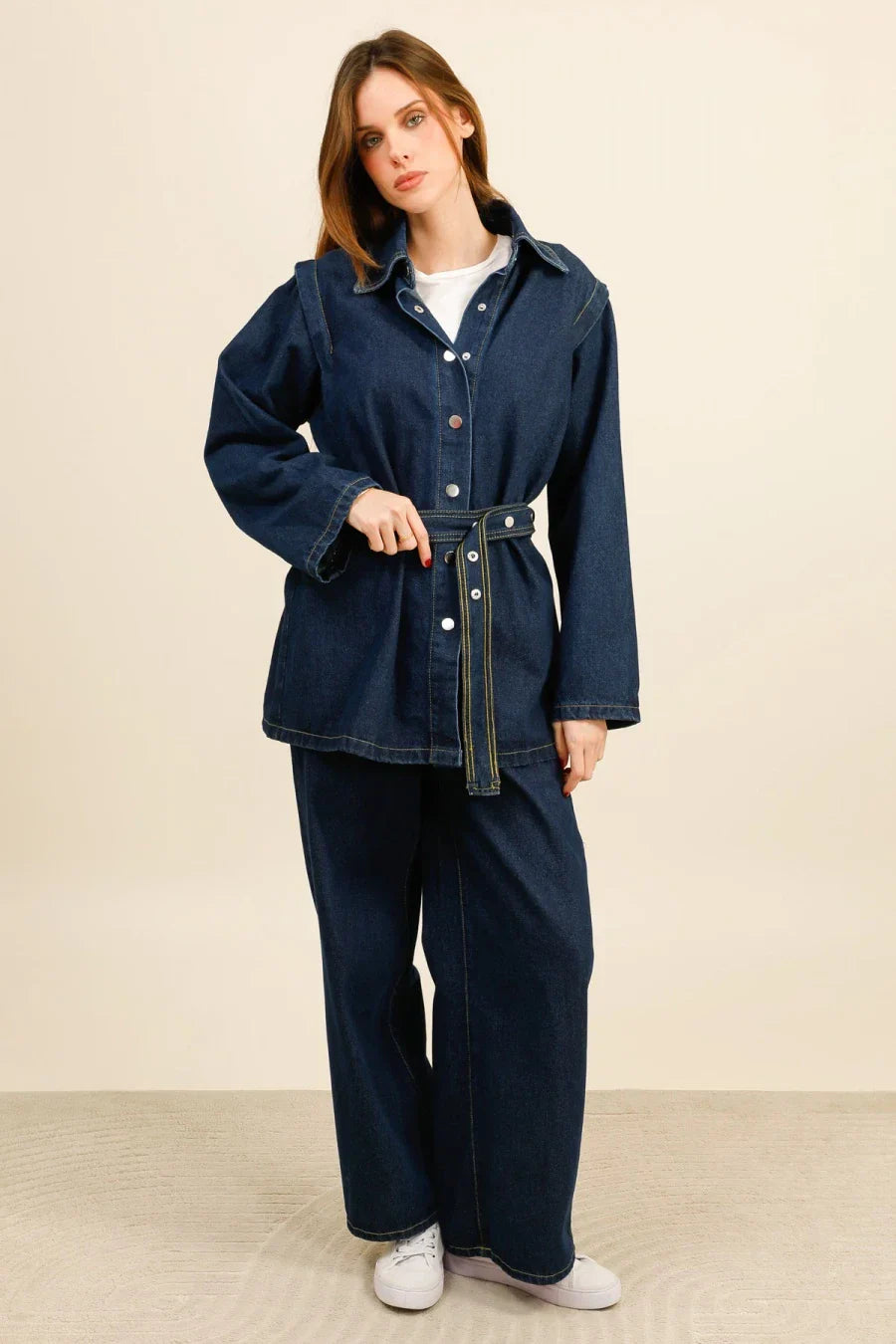 DENVER – Denim set with belted shirt and wide-leg pants