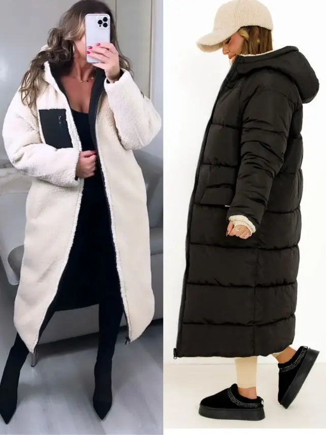 EVEREST - Long reversible coat in faux fur and quilted puffer with hood
