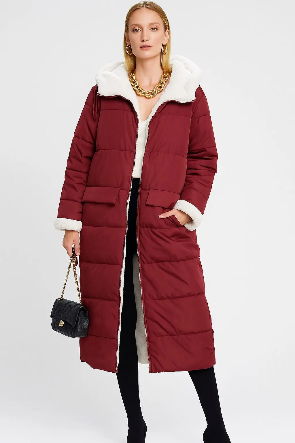 EVEREST - Long reversible coat in faux fur and quilted puffer with hood