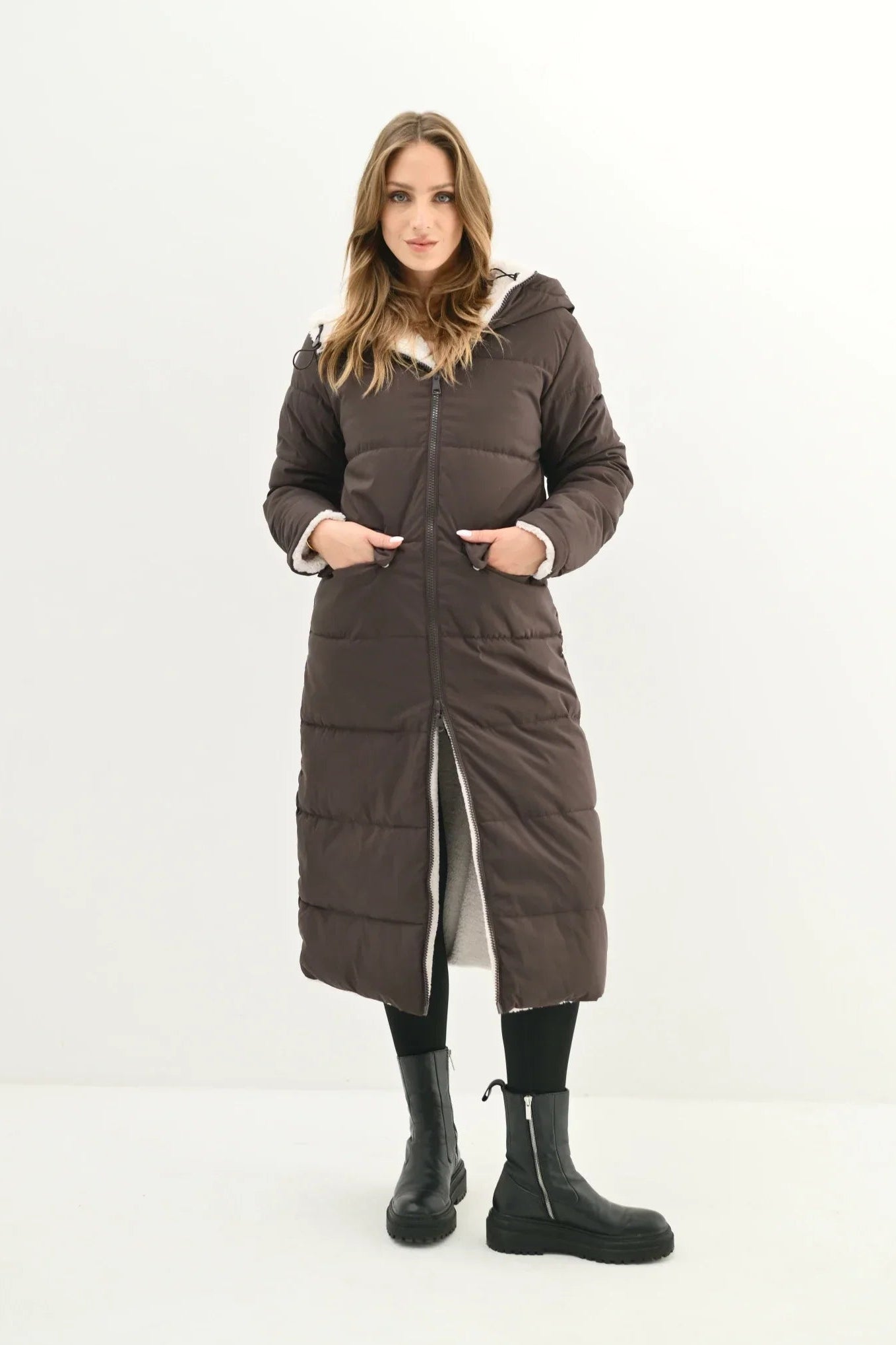 EVEREST - Long reversible coat in faux fur and quilted puffer with hood