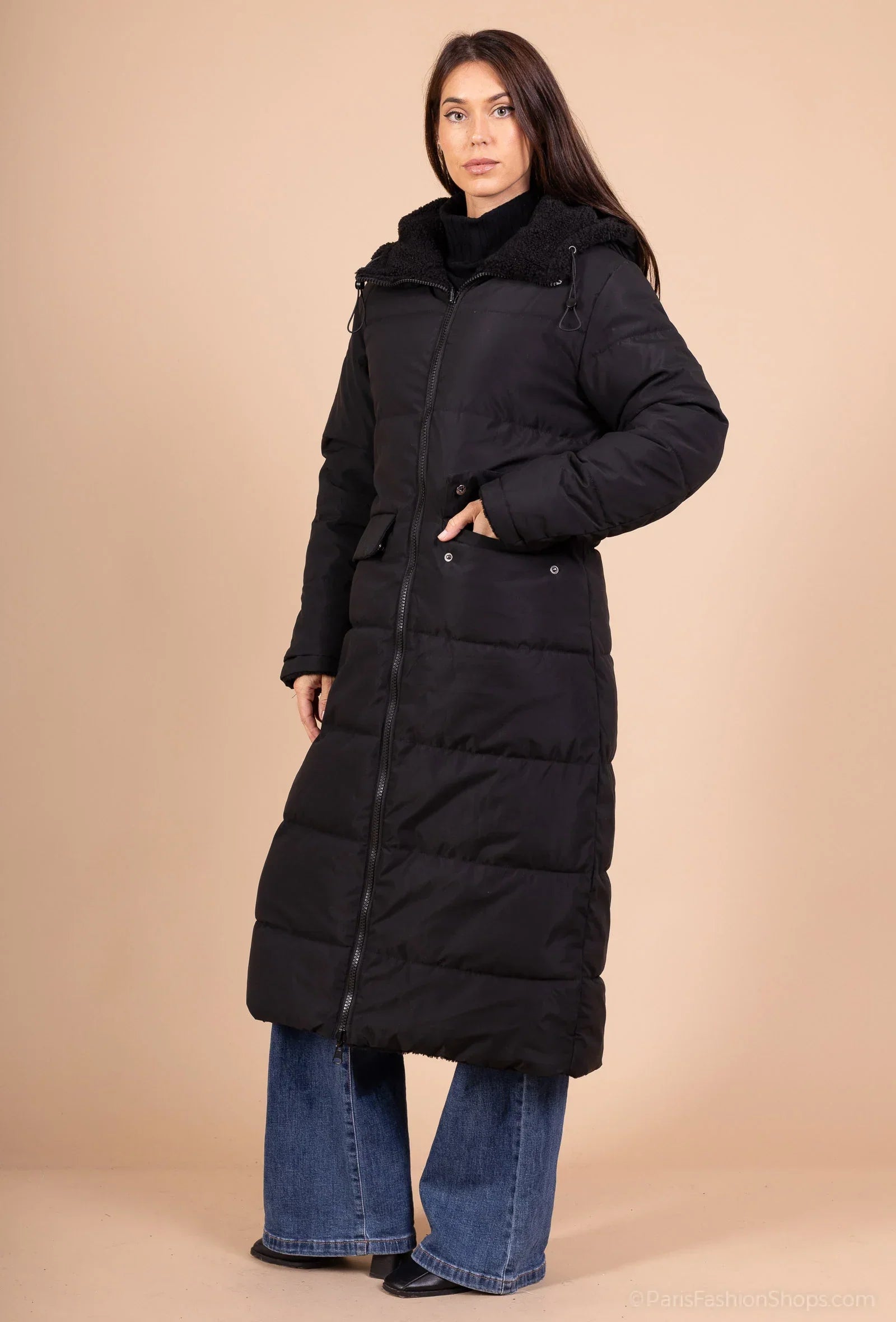 EVEREST - Long reversible coat in faux fur and quilted puffer with hood