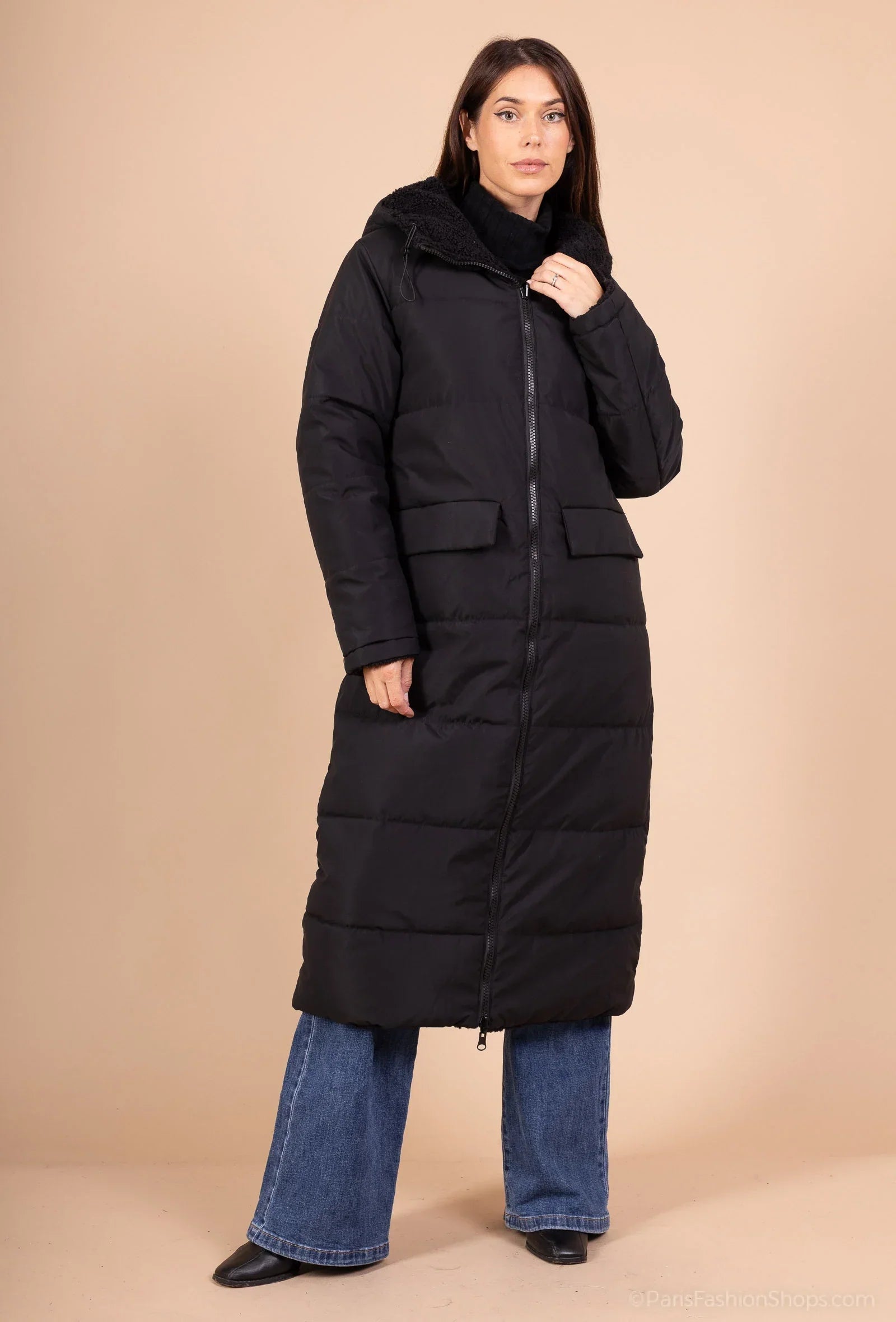 EVEREST - Long reversible coat in faux fur and quilted puffer with hood