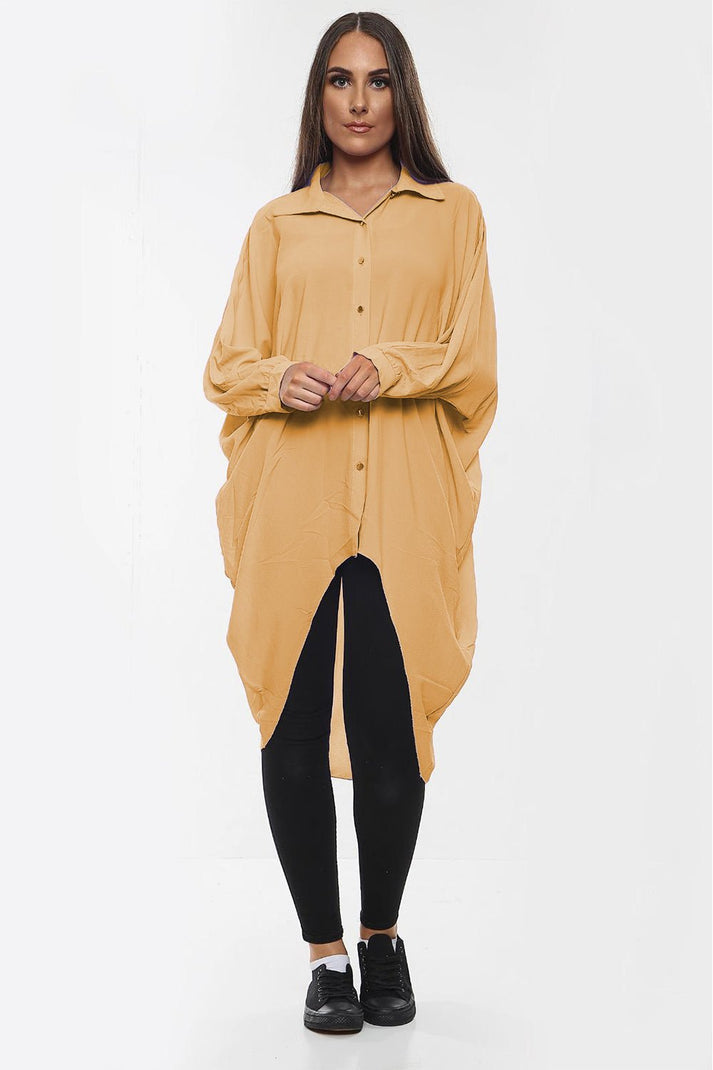 High-Low Oversized Button Long Top Shirt Dress with Hem and Long Sleeves