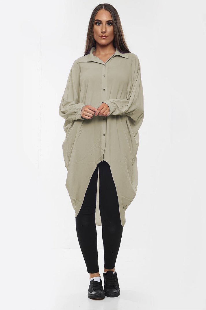 High-Low Oversized Button Long Top Shirt Dress with Hem and Long Sleeves