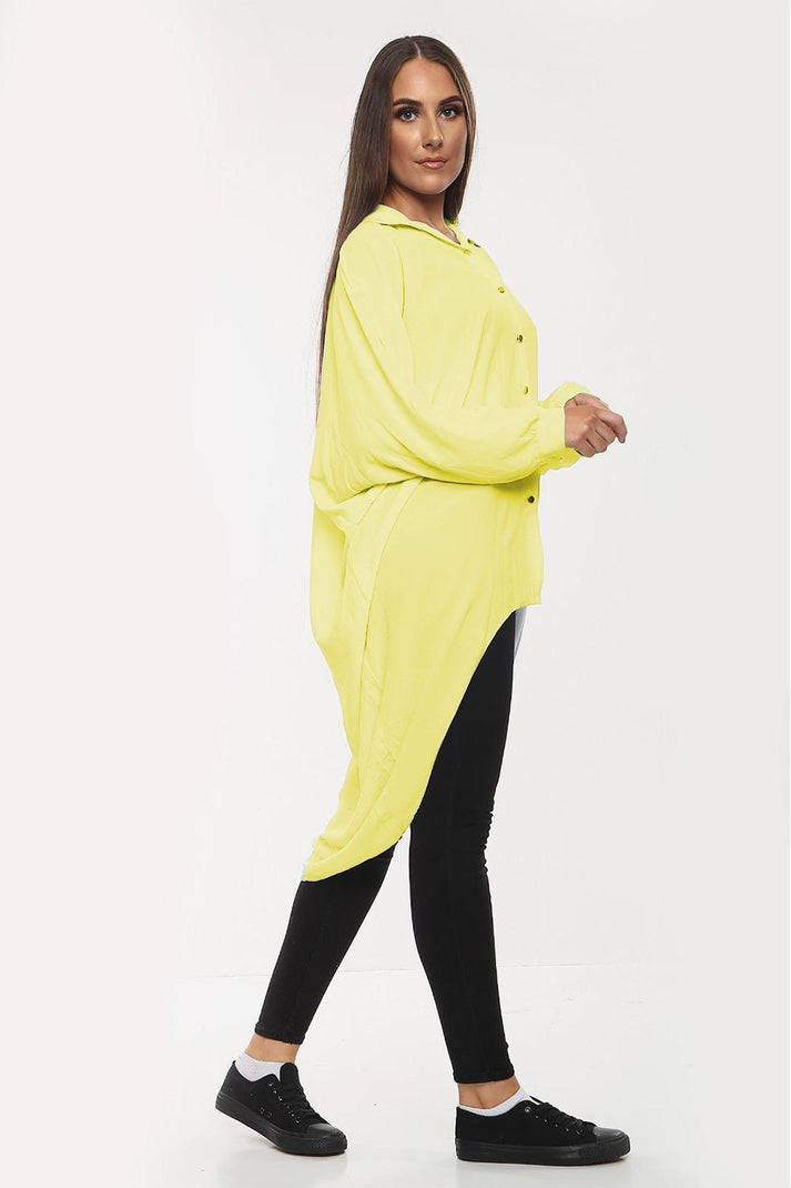 High-Low Oversized Button Long Top Shirt Dress with Hem and Long Sleeves