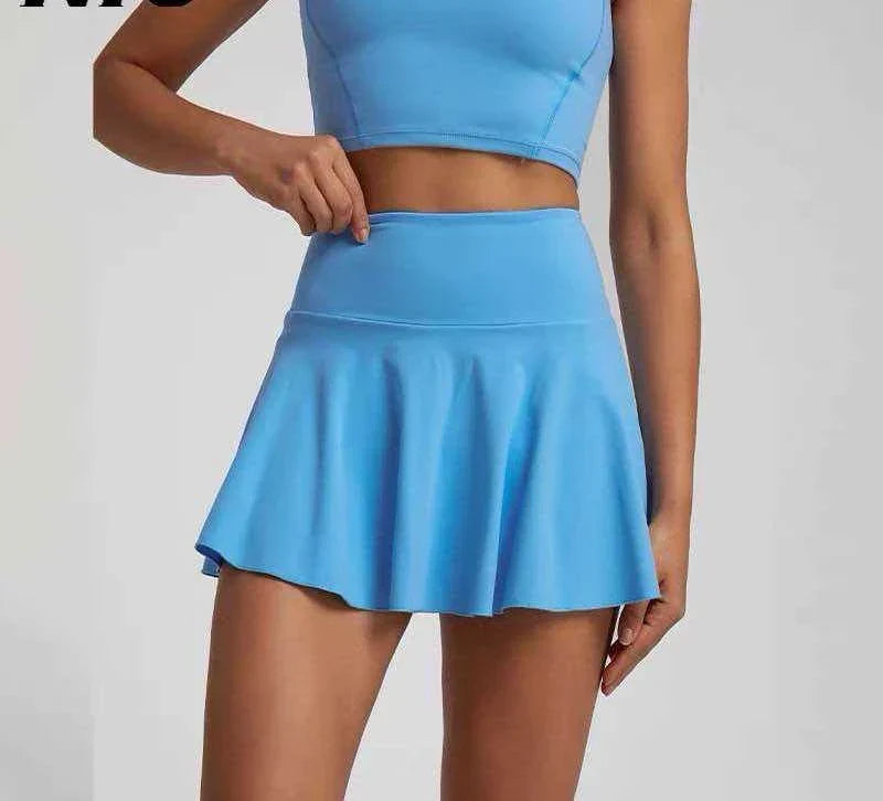 Flared skort with built-in shorts and pockets