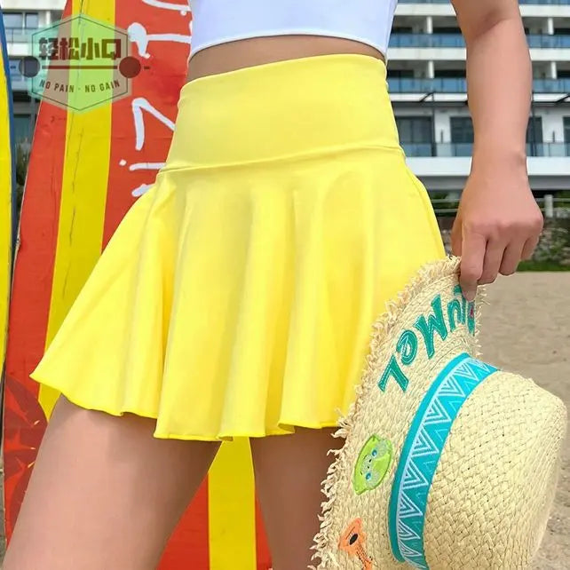 Flared skort with built-in shorts and pockets