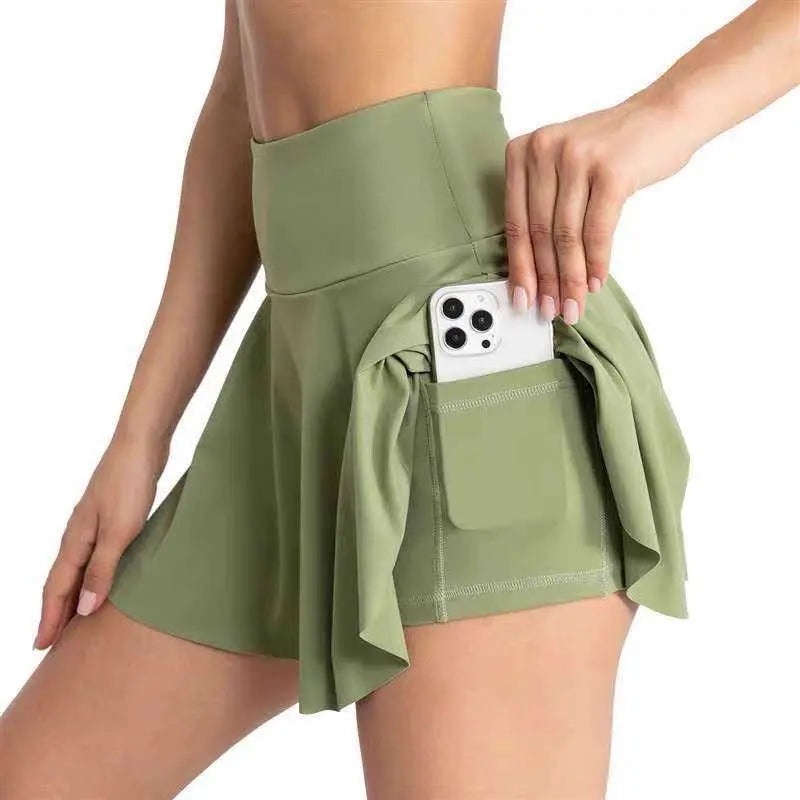 Flared skort with built-in shorts and pockets