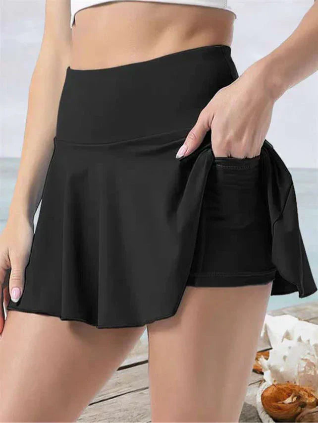 Flared skort with built-in shorts and pockets