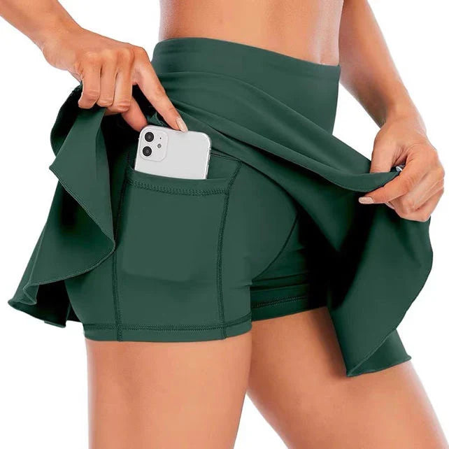Flared skort with built-in shorts and pockets
