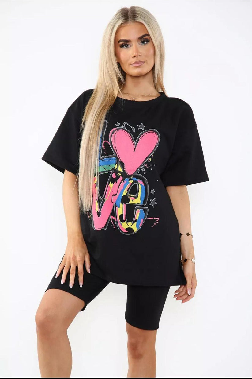Cycling Short and T-Shirts Co-Ord Two Piece Side Slit Set with Front Printed Slogan