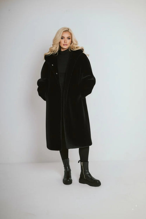 AURA – Long hooded coat in premium faux fur