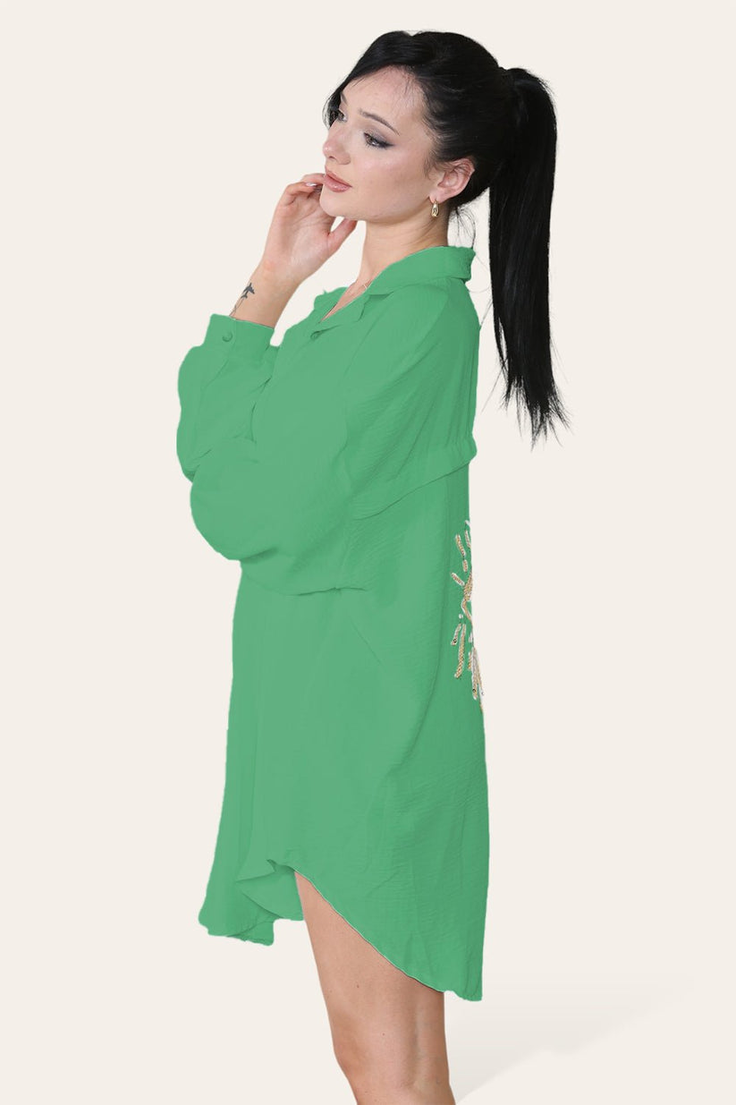 Oversized Long Sleeve Gold Sequin Eye Button Up Shirt