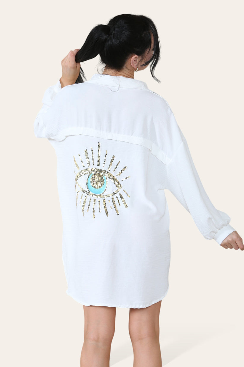 Oversized Long Sleeve Gold Sequin Eye Button Up Shirt
