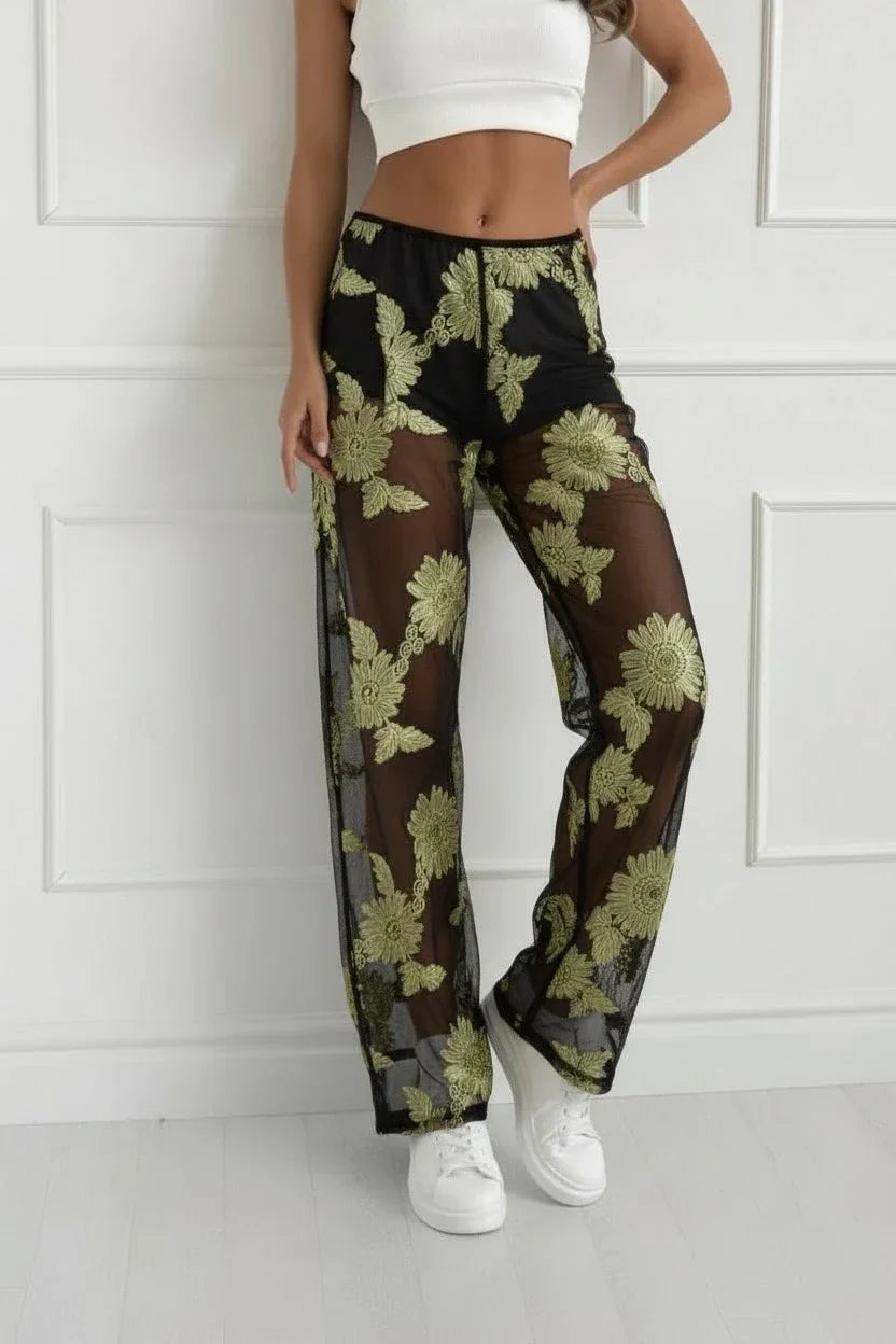 Flower embroidered tulle pants short lining