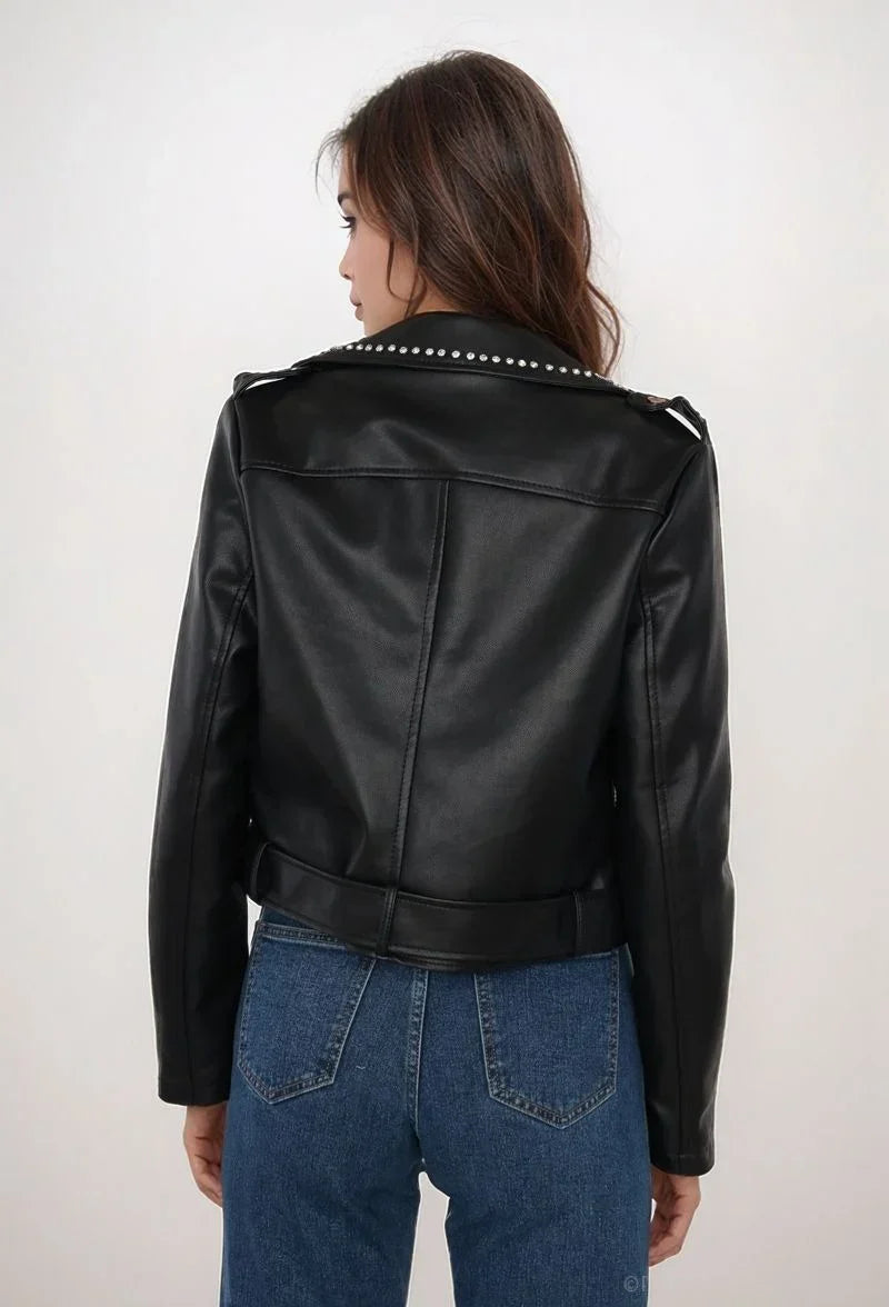 Faux leather biker jacket with studded collar – buckle belt and metal finishes