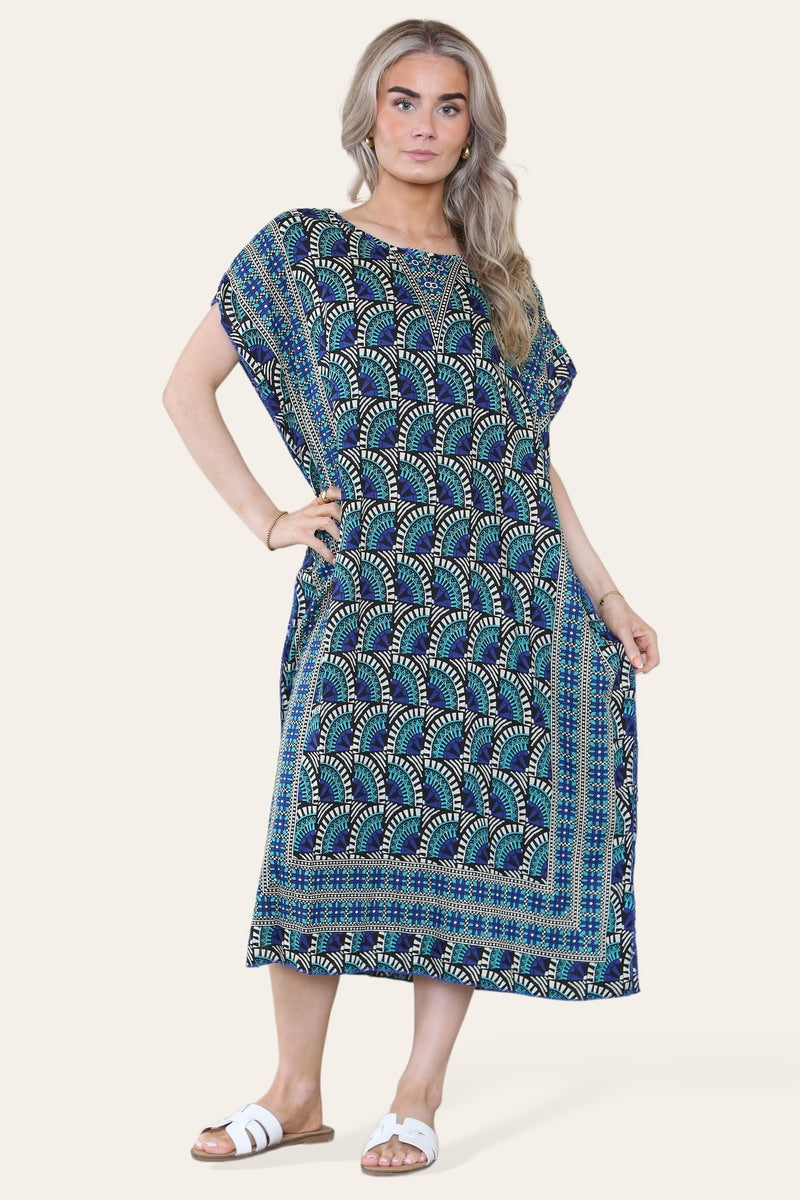 Geometric Midi Dress mosaic V-neck eastern border