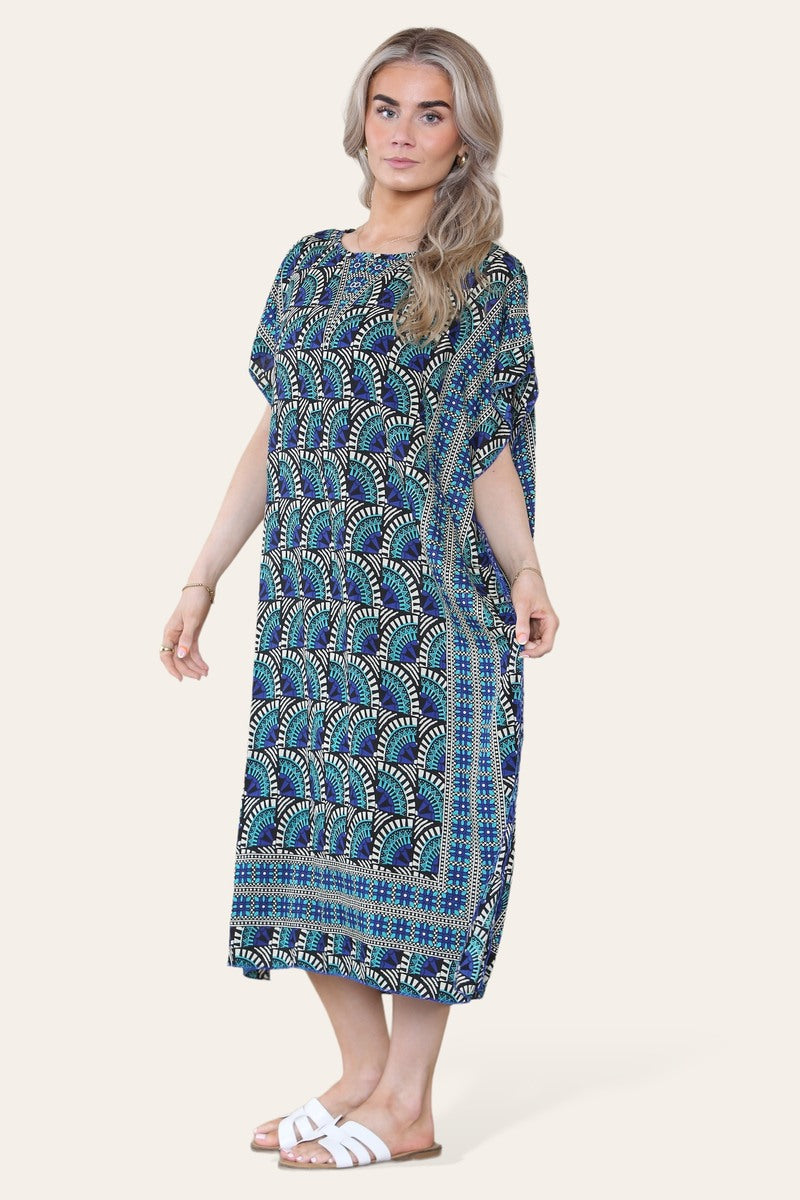 Geometric Midi Dress mosaic V-neck eastern border
