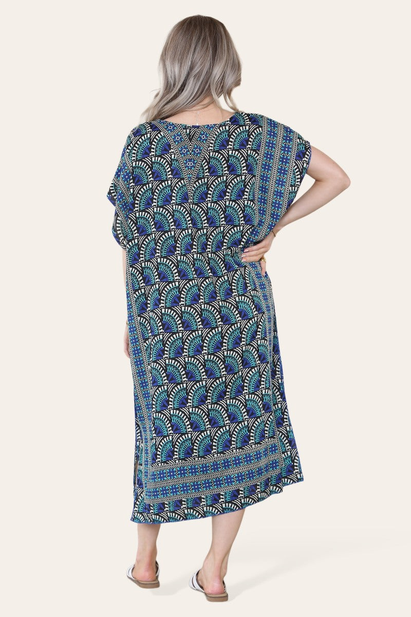 Geometric Midi Dress mosaic V-neck eastern border
