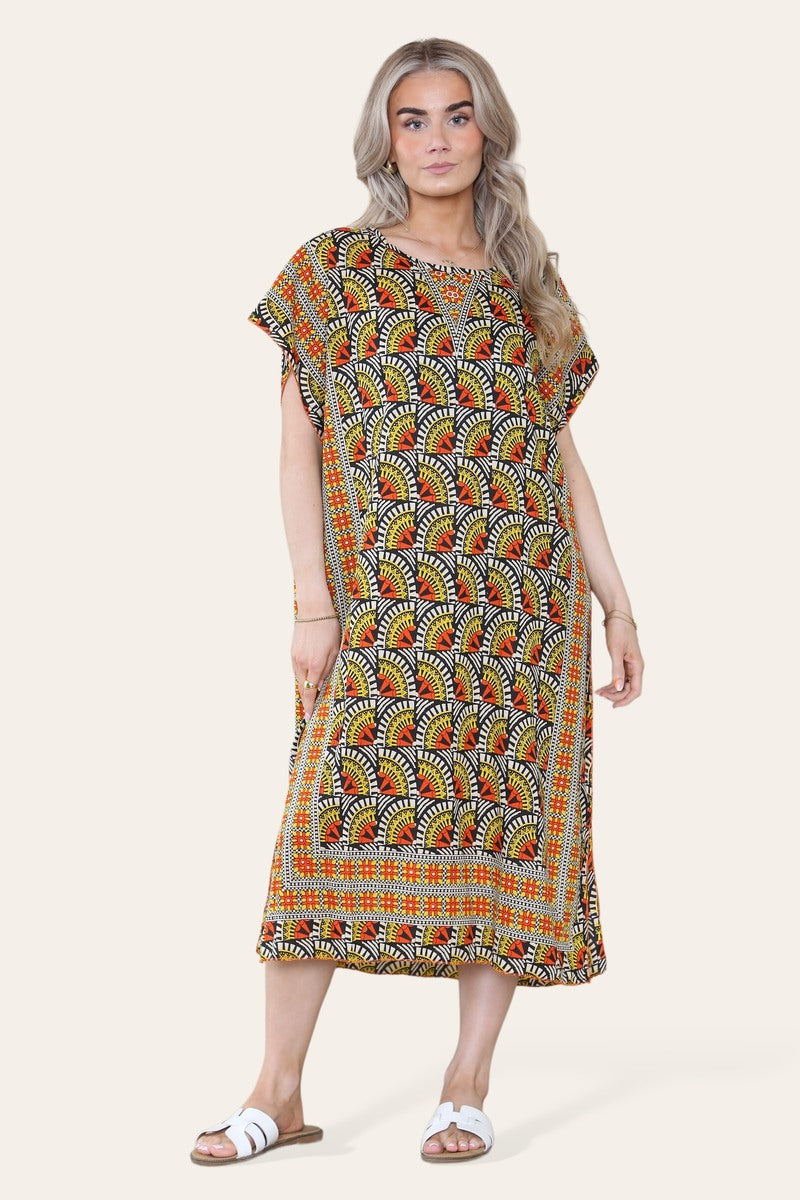 Geometric Midi Dress mosaic V-neck eastern border