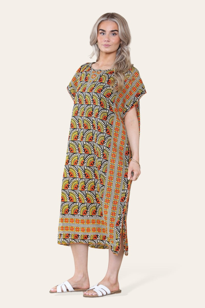 Geometric Midi Dress mosaic V-neck eastern border