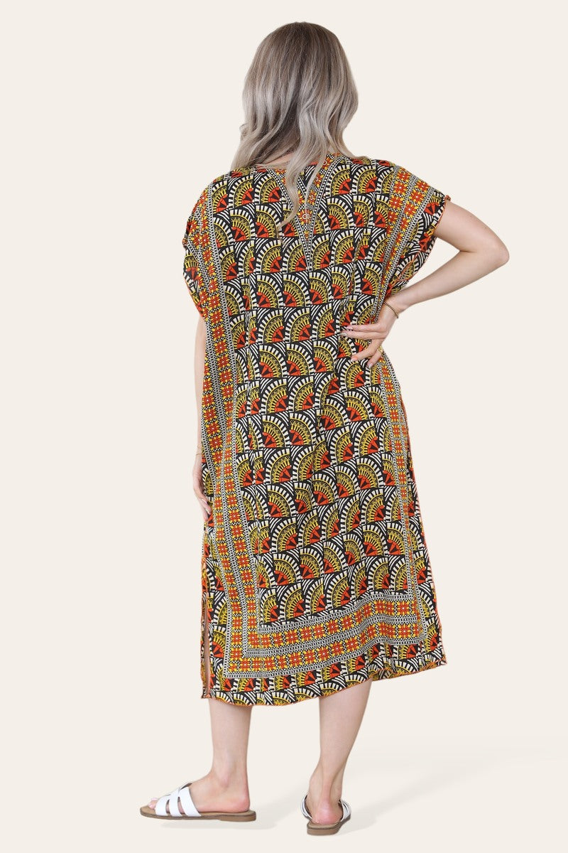 Geometric Midi Dress mosaic V-neck eastern border