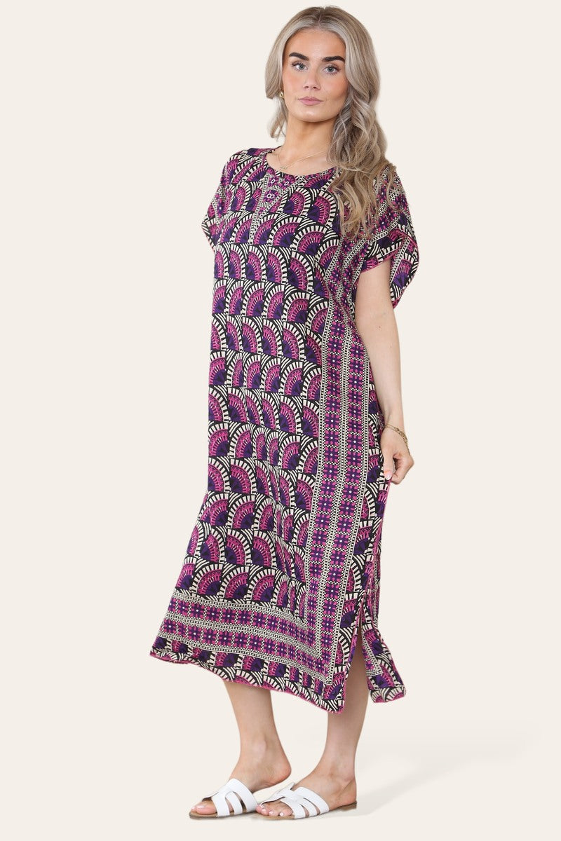 Geometric Midi Dress mosaic V-neck eastern border